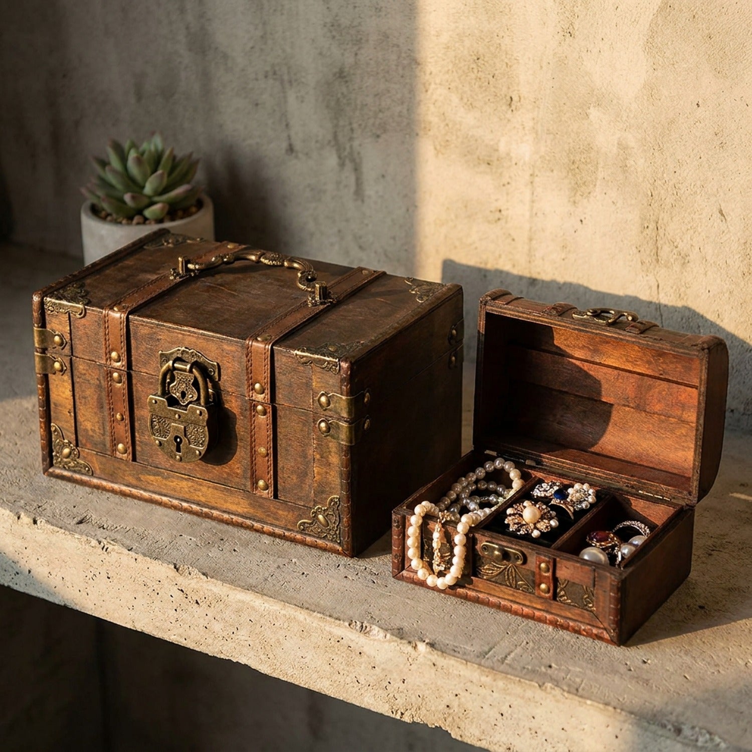 Coffret à bijoux antique S et L sur table de chevet bois avec lumière dorée