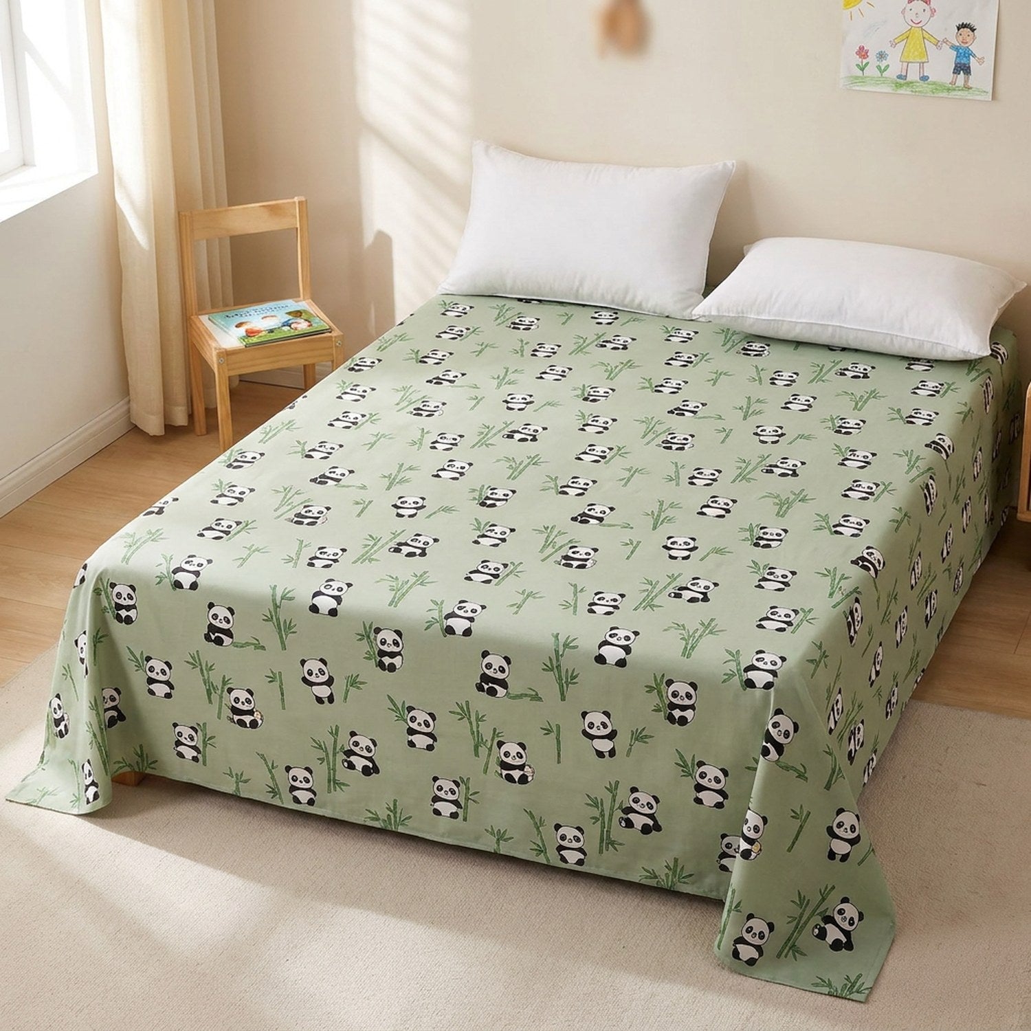 Drap plat en coton motif panda sur un lit dans une chambre enfant lumineuse