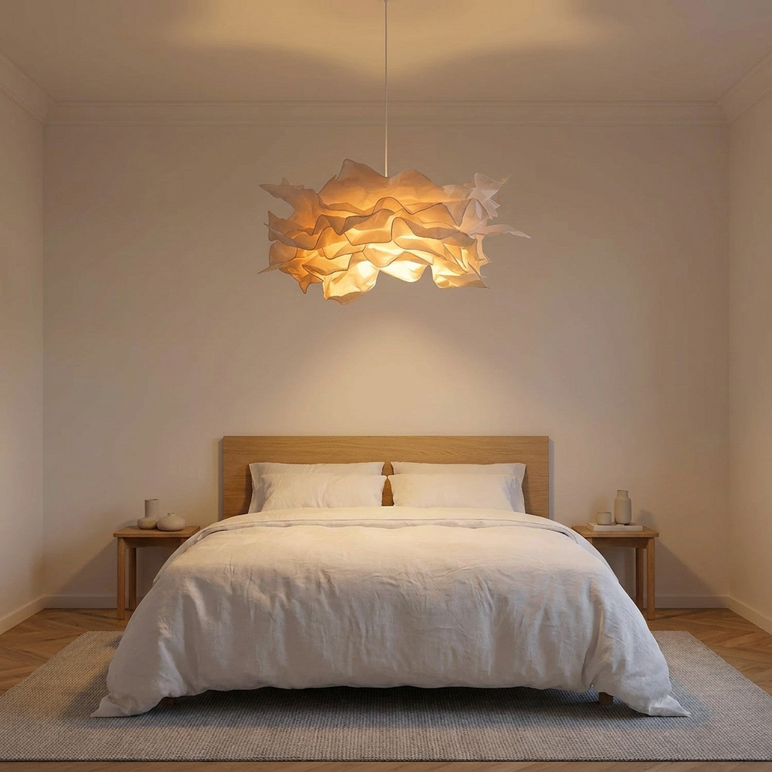Lustre abat-jour nuage papier suspendu au-dessus lit chambre ambiance cosy