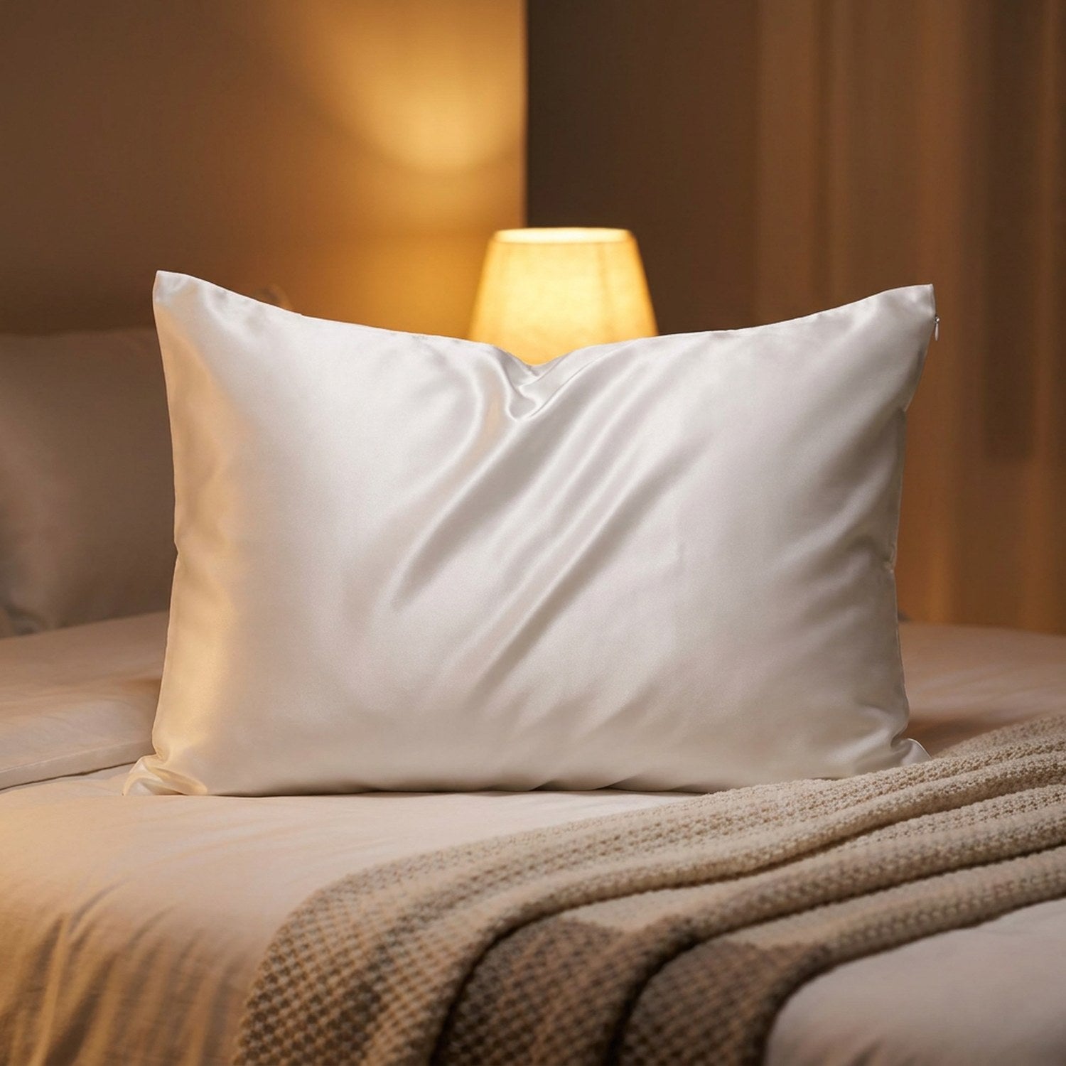 Taie d'oreiller en soie blanche sur un lit dans une chambre chaleureuse le soir