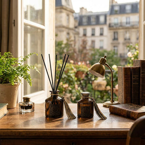 Diffuseur à roseaux sur un bureau parisien vue sur ville