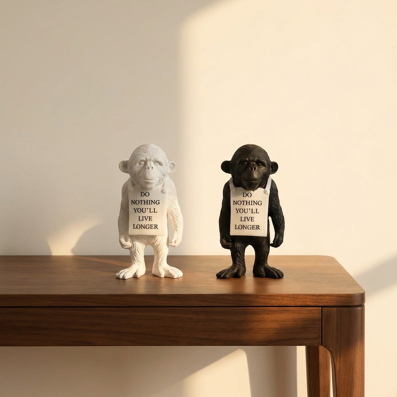 Statuettes singe blanche et noire en résine côte à côte sur console en bois