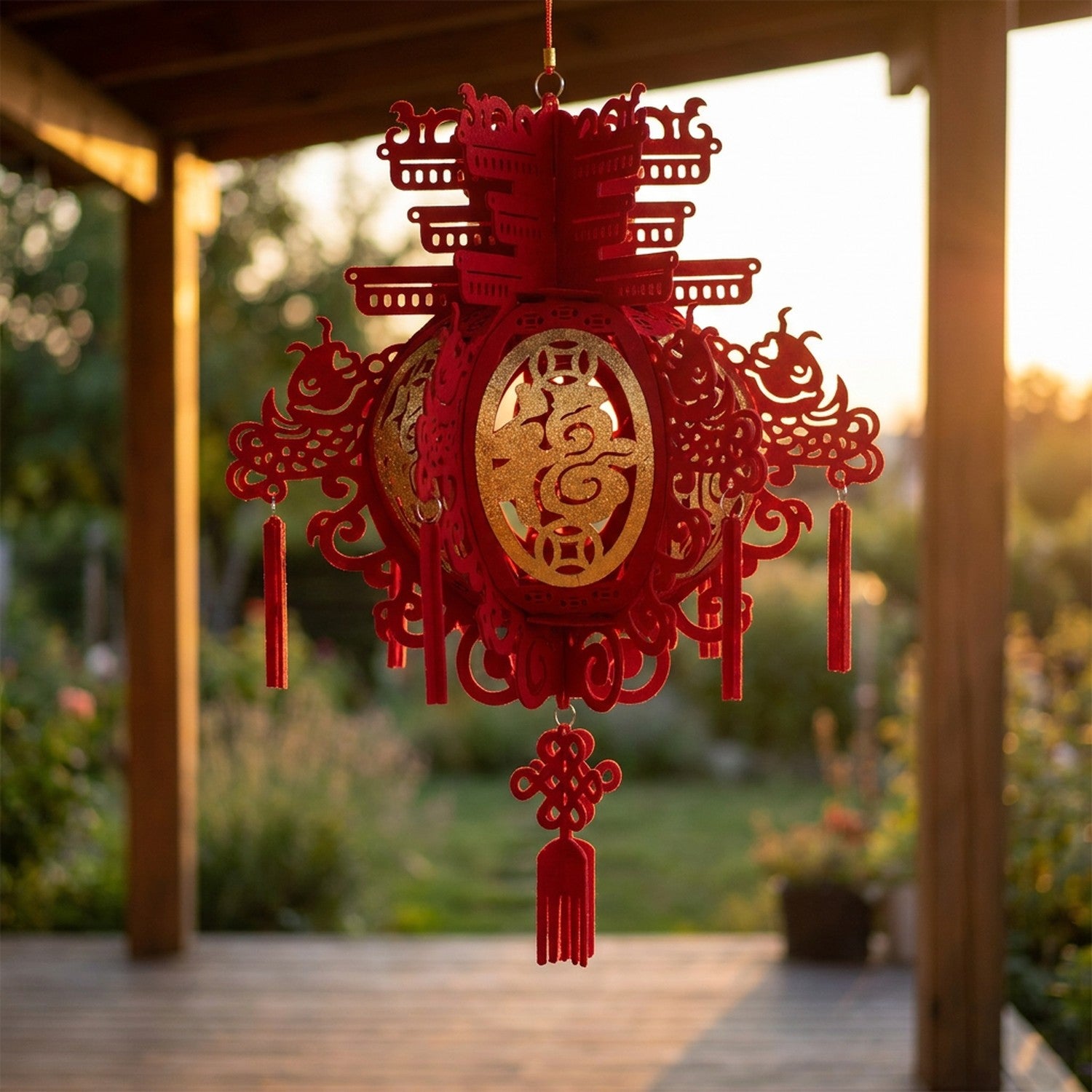 Lanterne chinoise Palais tissu flocké rouge suspendue sur terrasse extérieure au coucher du soleil