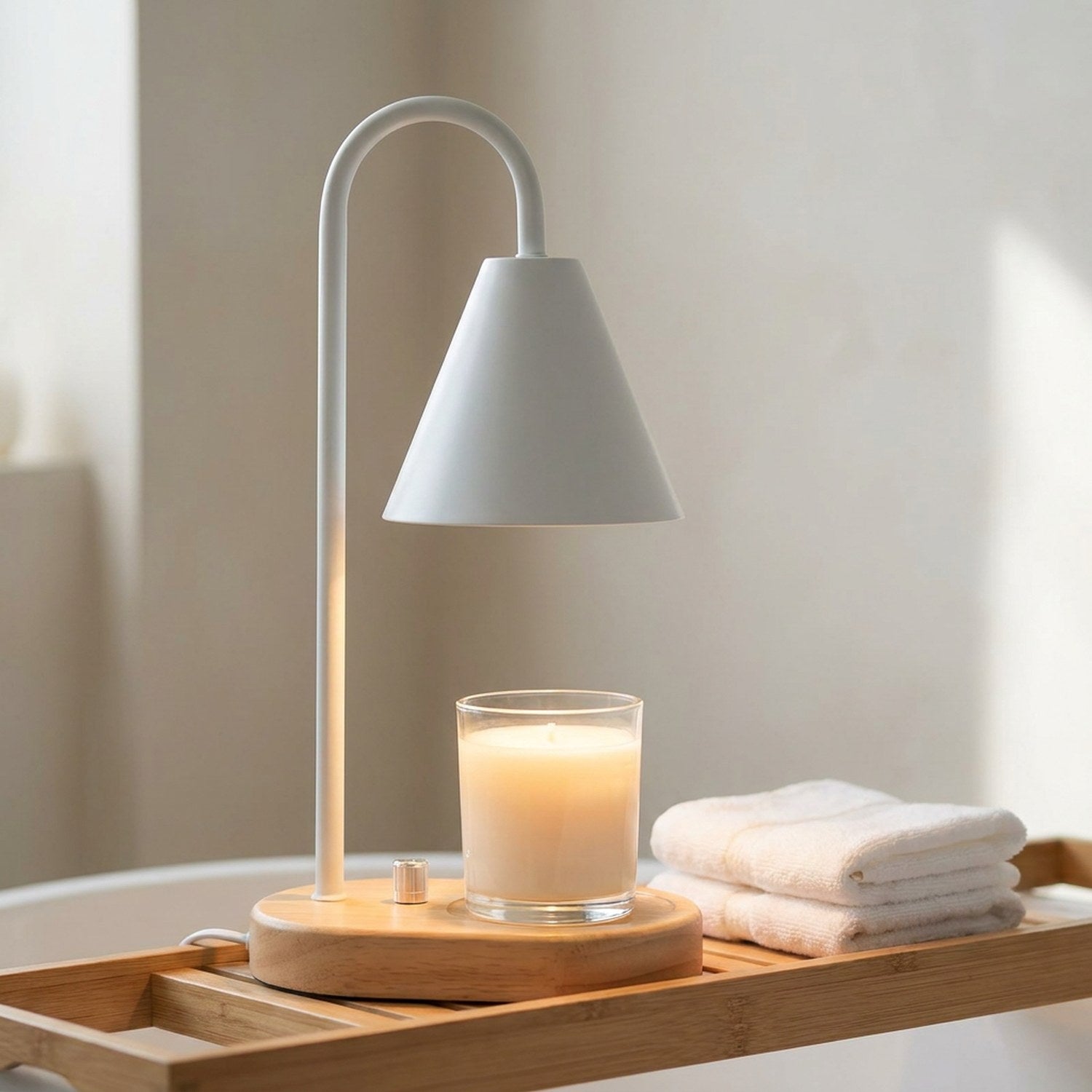 Chauffe-bougie électrique sur étagère de salle de bain zen avec serviettes