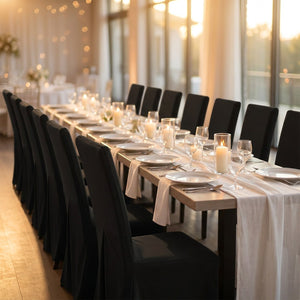 Table de réception dressée avec des chaises habillées de housses noires assorties