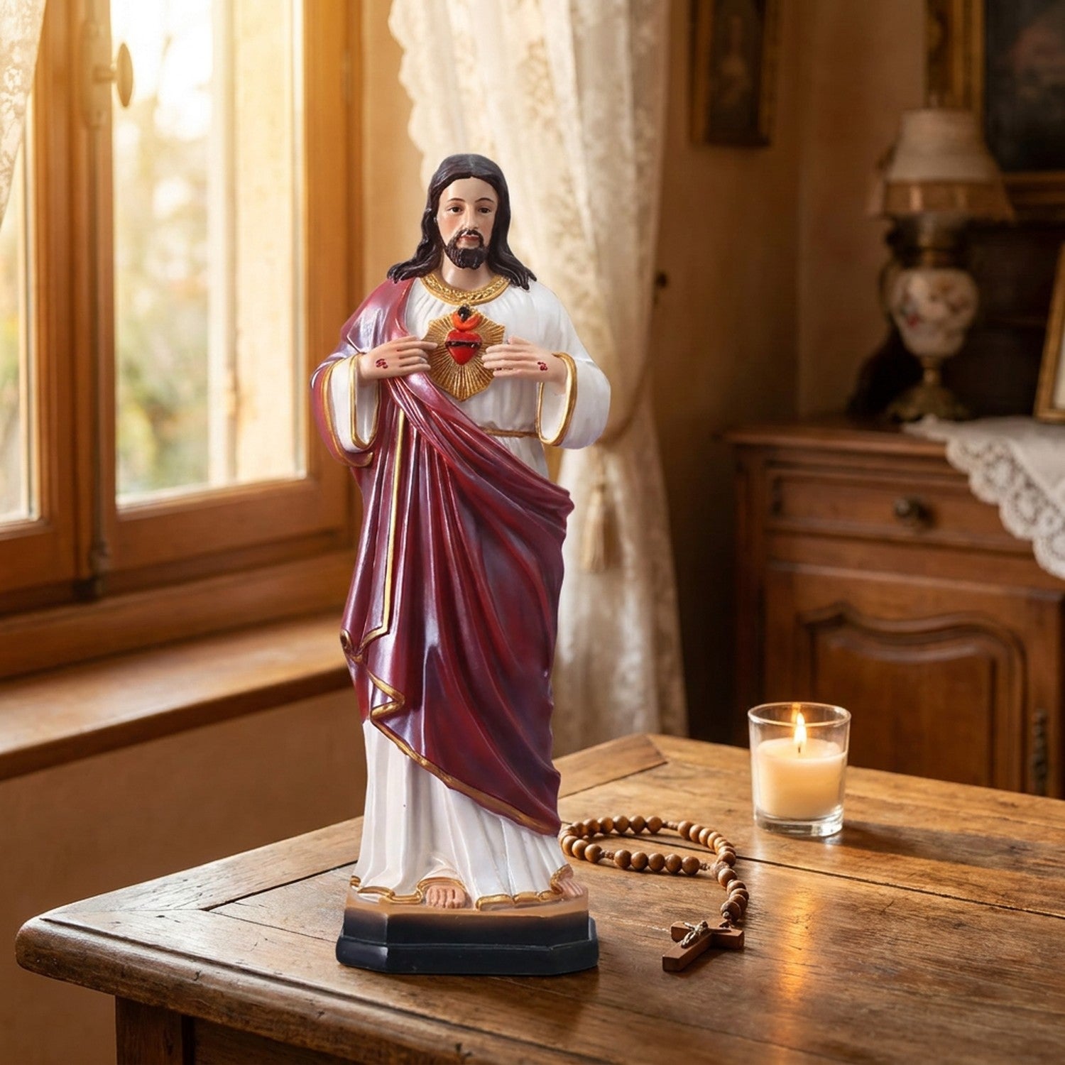 Figurine Sacré-Cœur de Jésus résine sur bureau bois lumière dorée cadeau religieux