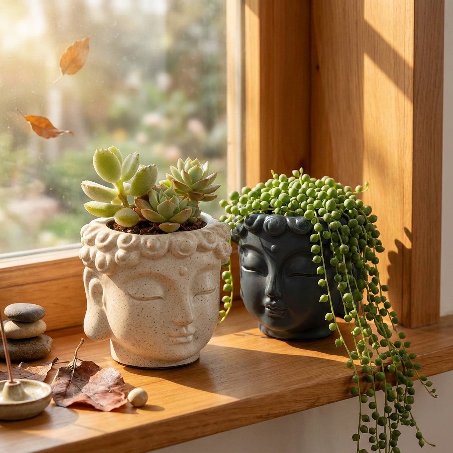 Duo de pots de fleurs bouddha gris et beige sur rebord de fenêtre