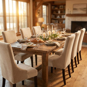Table de salle à manger avec plusieurs chaises habillées de housses beiges en velours