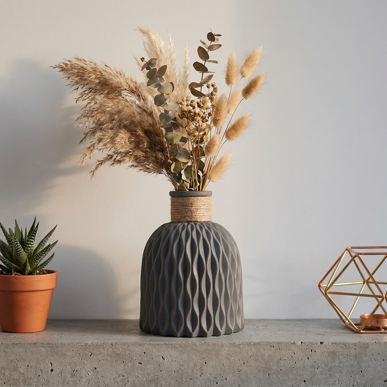 Vase gris anthracite motif ondulé sur étagère béton avec fleurs séchées