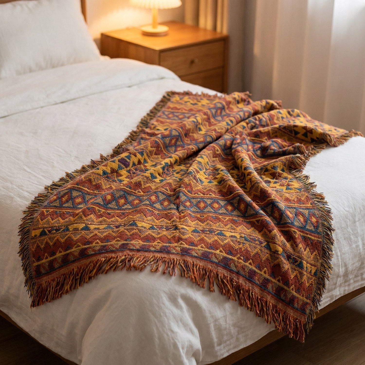 Jeté de canapé bohème drapé au pied d'un lit dans une chambre chaleureuse
