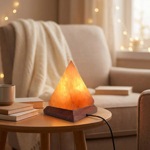 Lampe en sel de l'Himalaya allumée près d'un fauteuil cocooning avec plaid et livres