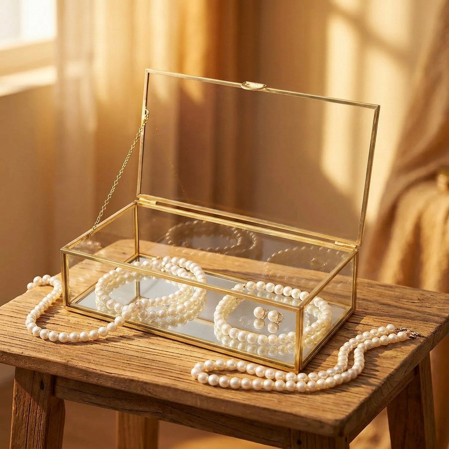 Boîte à bijoux en verre ouverte avec colliers de perles sur table en bois lumière dorée