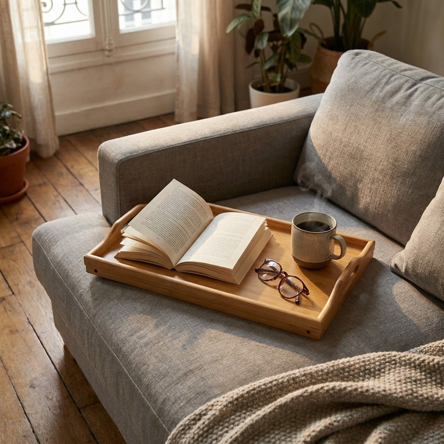 Plateau bambou pliable sur canapé gris avec livre ouvert et café chaud