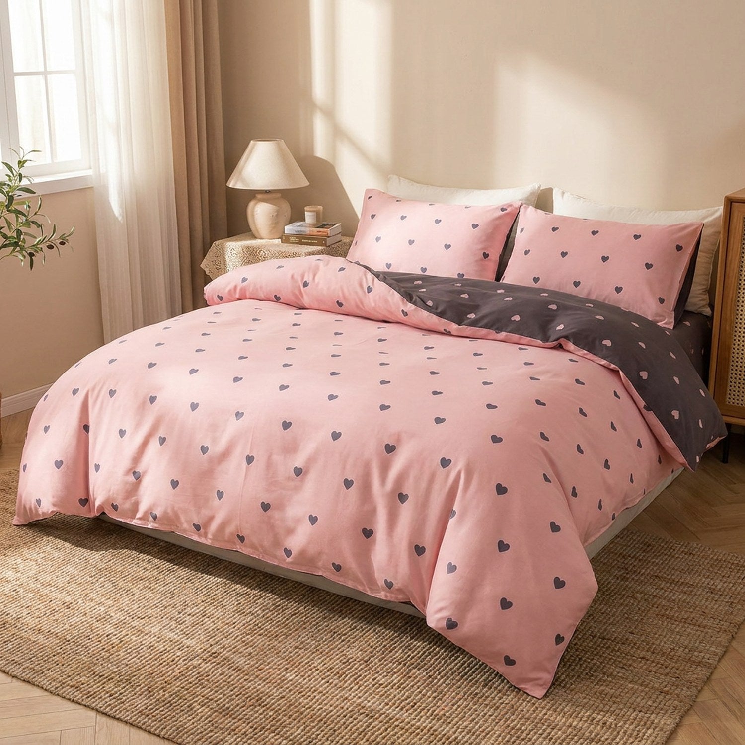 Housse de couette rose à petits cœurs dans une chambre cosy avec tapis