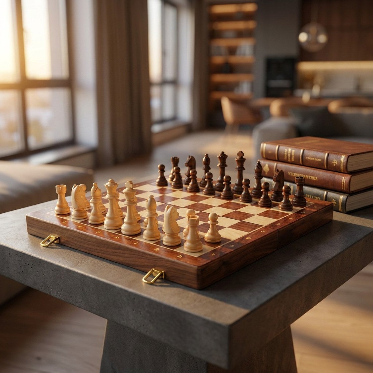 Jeu d'échecs en bois refermé comme un livre, posé dans une bibliothèque