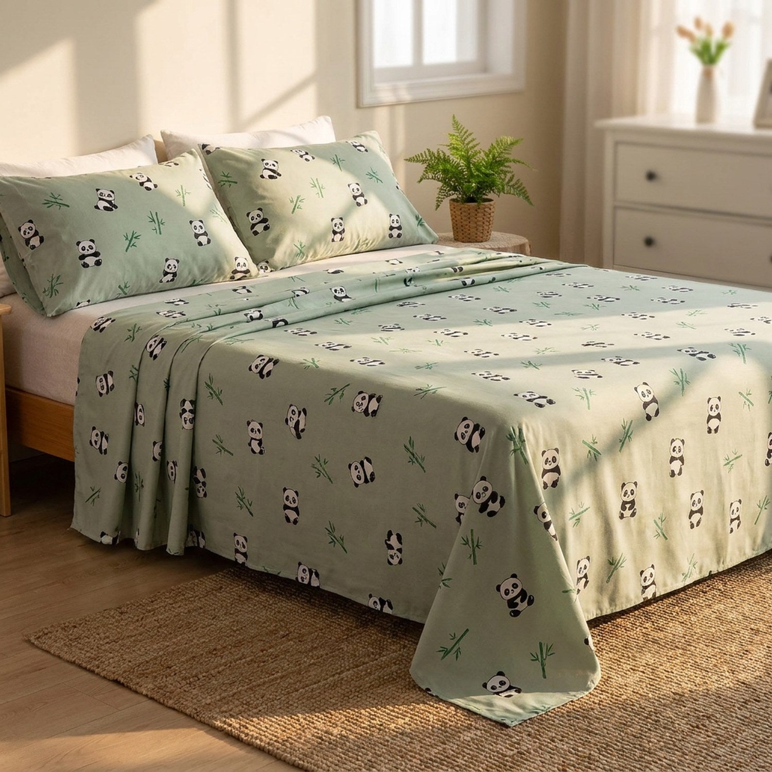 Drap plat en coton motif panda sur un lit avec tapis en fibre naturelle