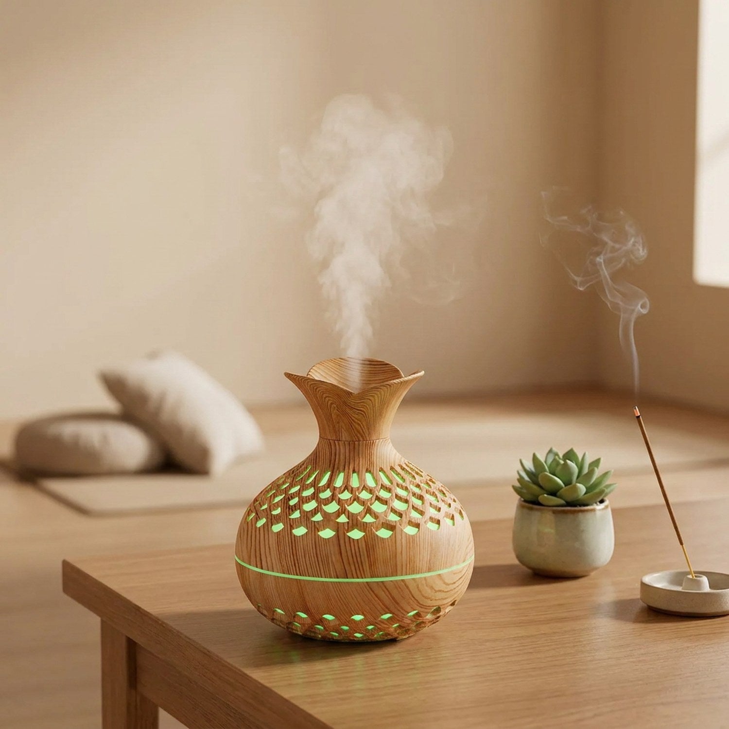 Diffuseur ultrasonique bois clair espace méditation lumière verte