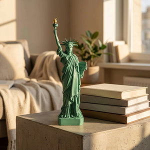 Statuette Statue de la Liberté verte 30 cm sur table en béton à la lumière dorée du soleil couchant