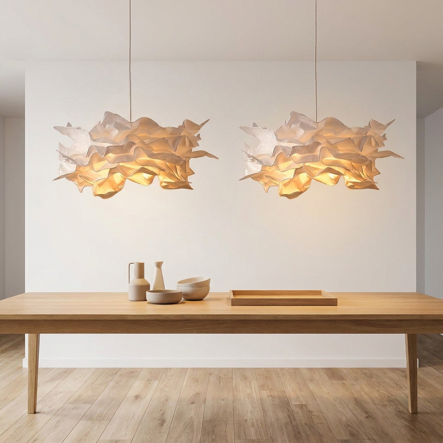 Deux lustres abat-jour nuage papier au-dessus table à manger design