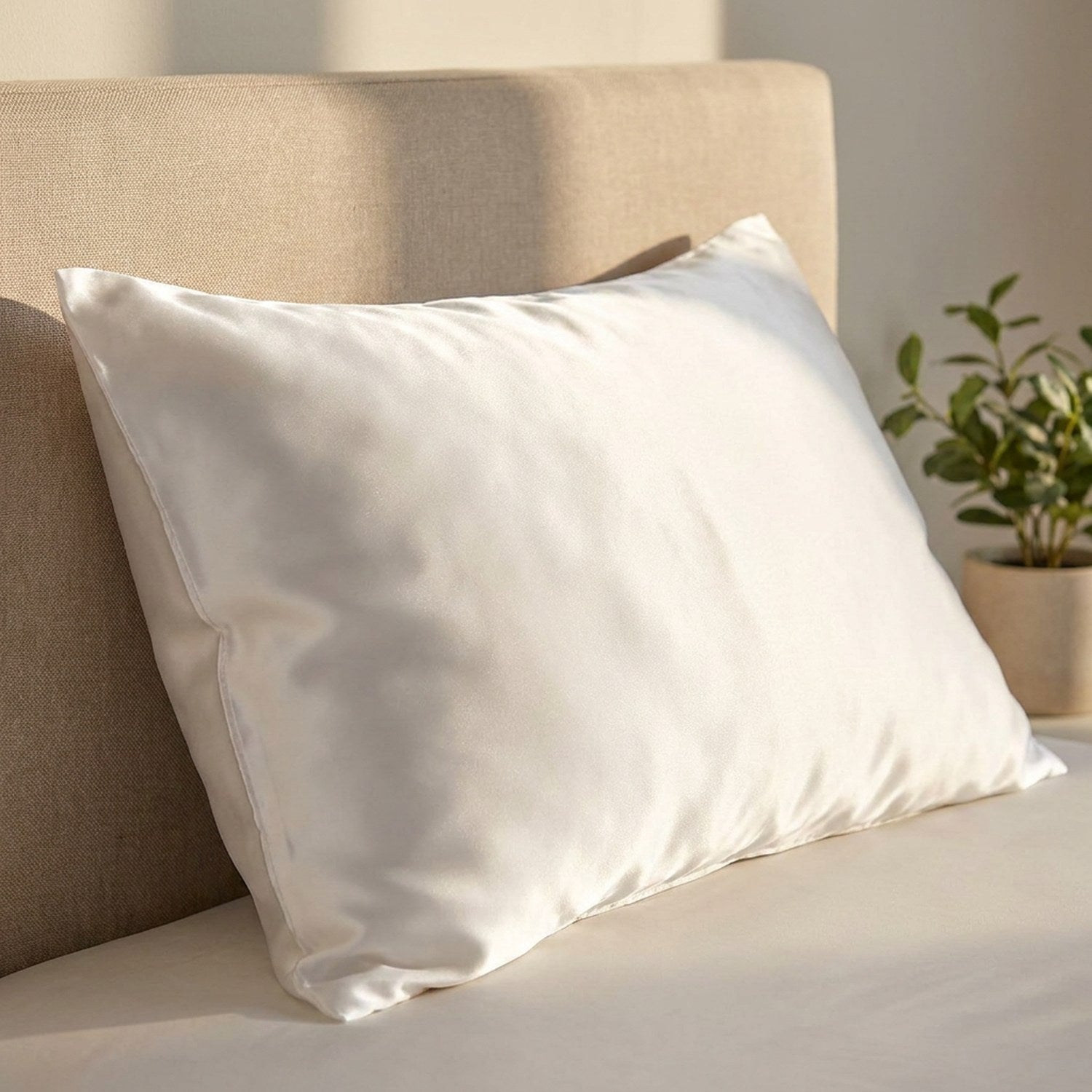 Taie d'oreiller en satin blanc posée contre une tête de lit avec une plante verte