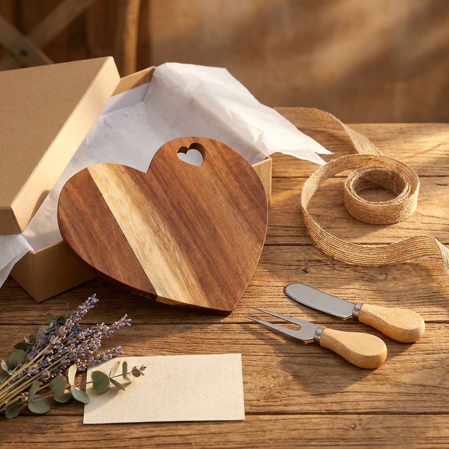 Planche apéritif cœur en bois présentée avec coffret cadeau kraft et fleurs séchées