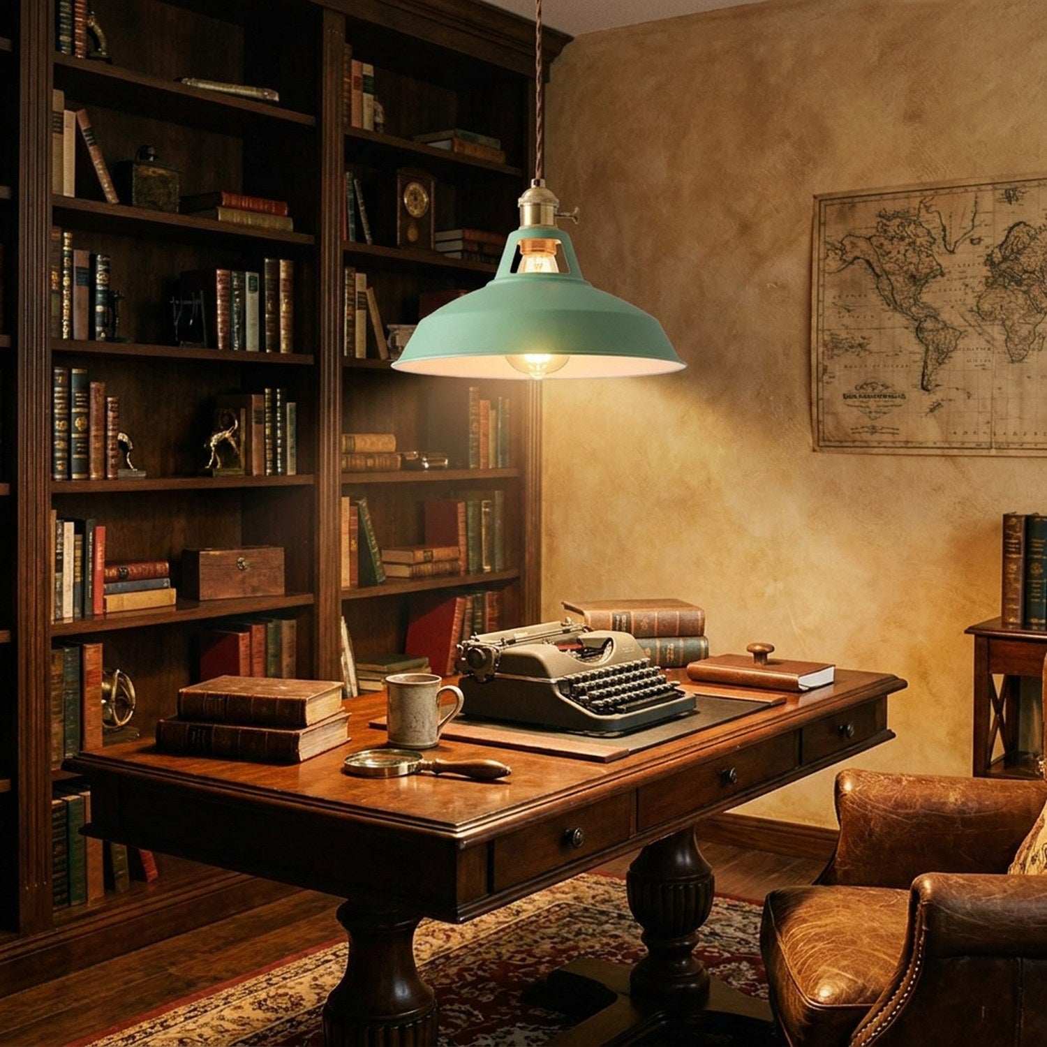 Suspension rétro industrielle éclairant un bureau avec décoration vintage