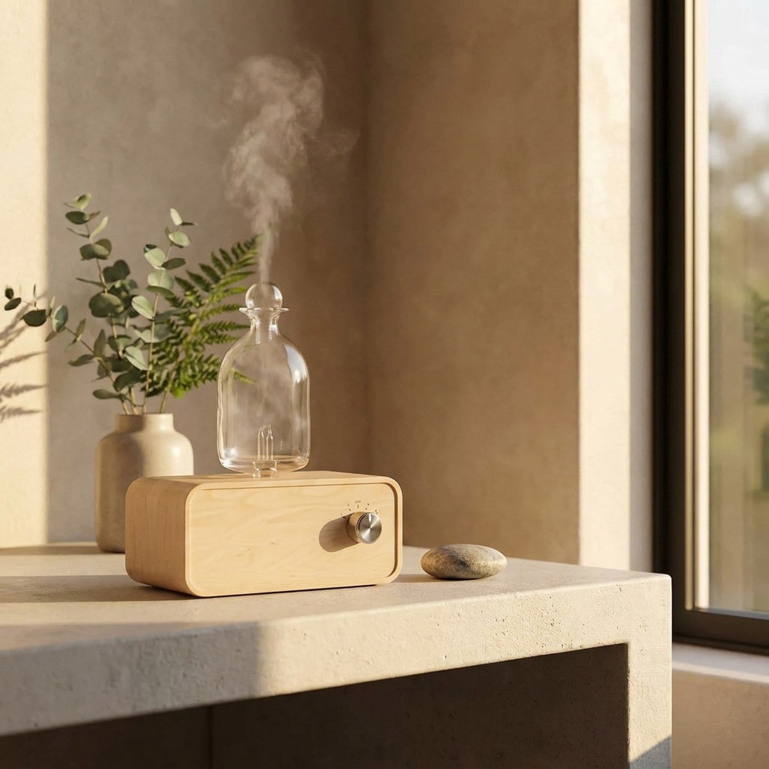 Diffuseur bois et verre bureau minimaliste plante