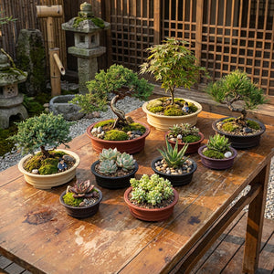 Pots à bonsaï en céramique dans un jardin zen