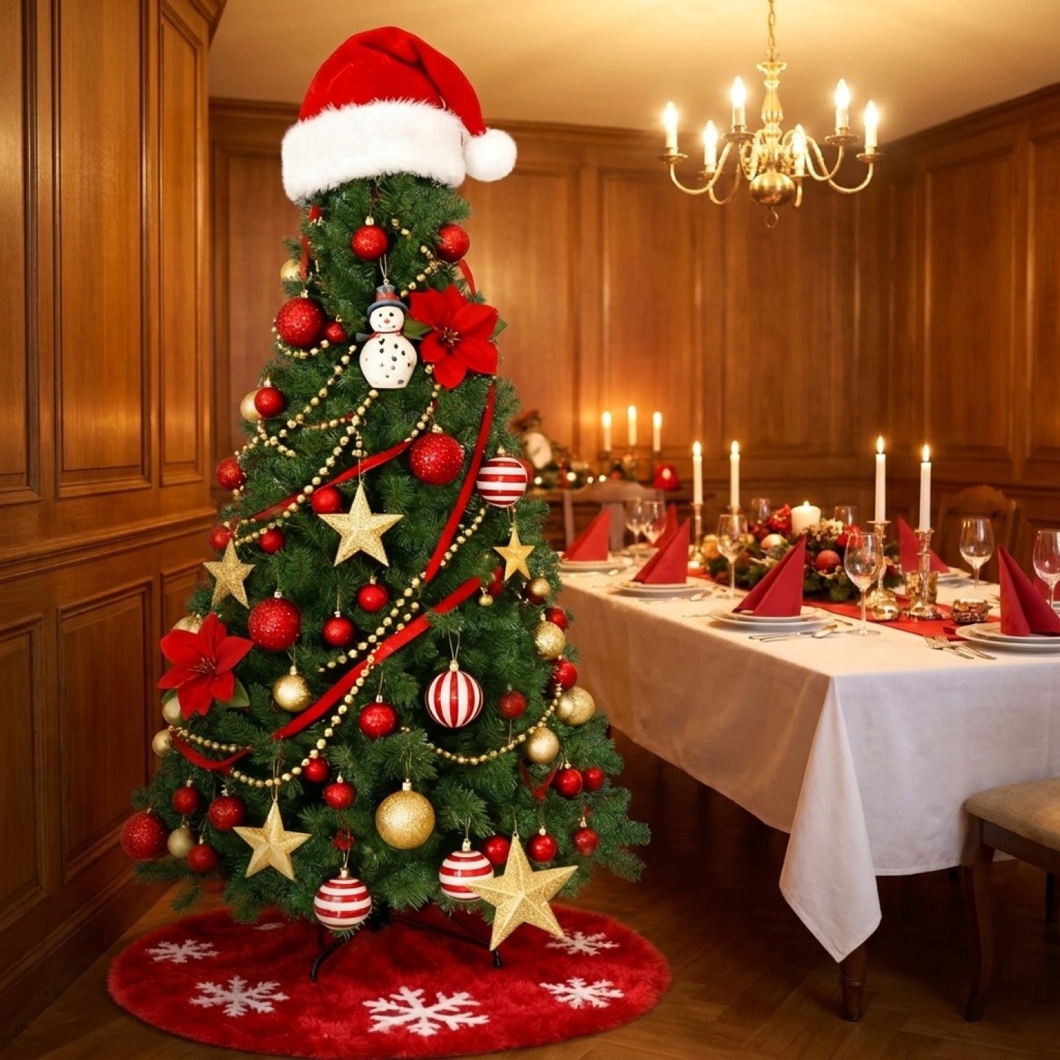 Sapin de Noël artificiel décoré dans une salle à manger festive avec table dressée