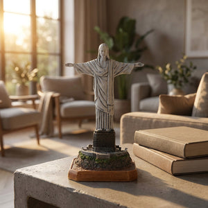 Statue du Christ rédempteur sur une table en béton avec lumière dorée et livres
