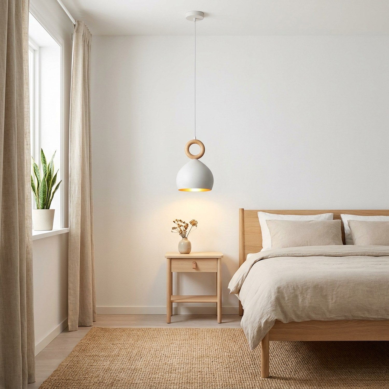 Suspension nordique éclairant un coin chambre scandinave avec table de chevet bois et plante