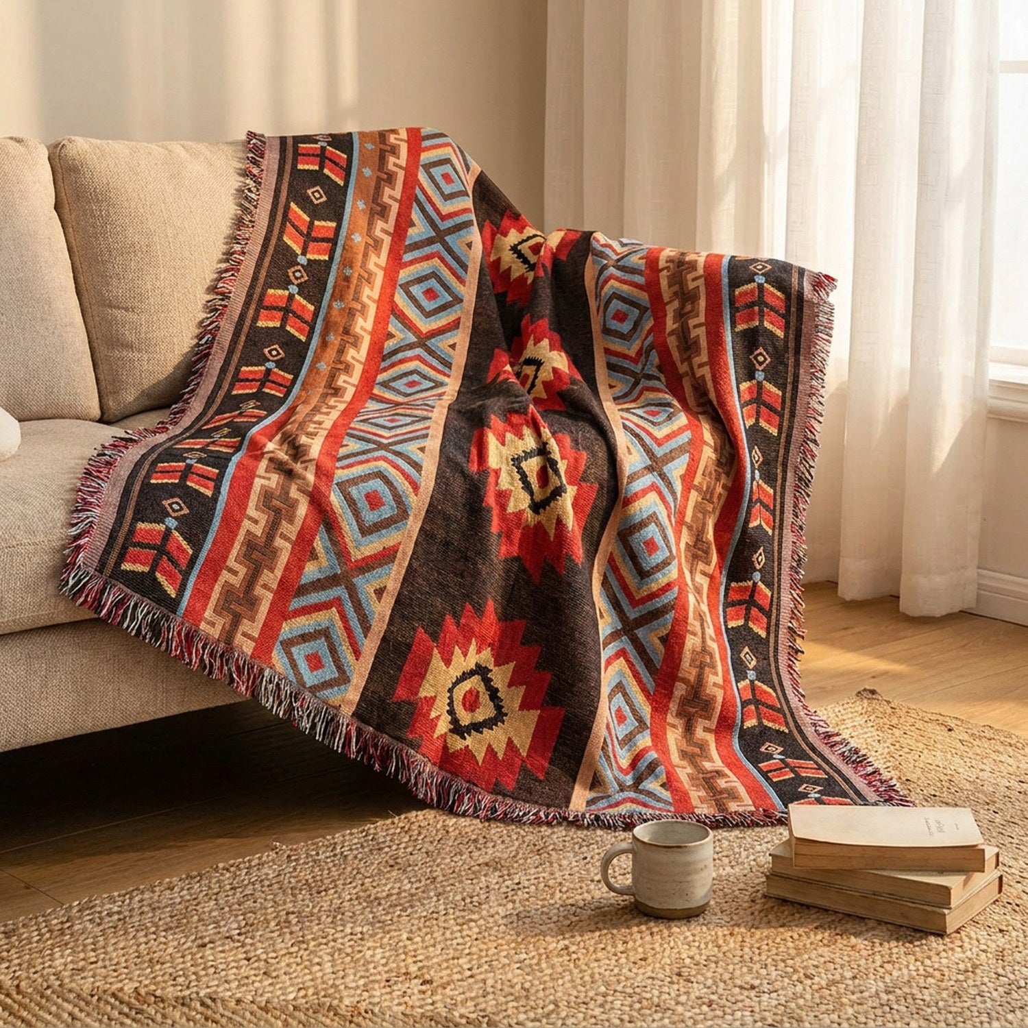 Couvre-lit amérindien aztèque drapé sur un canapé avec livres et tapis en jute