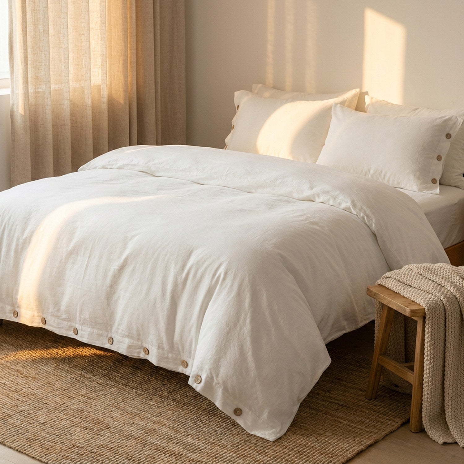 Housse de couette blanche sur un lit avec plaid tricoté et tapis en jute