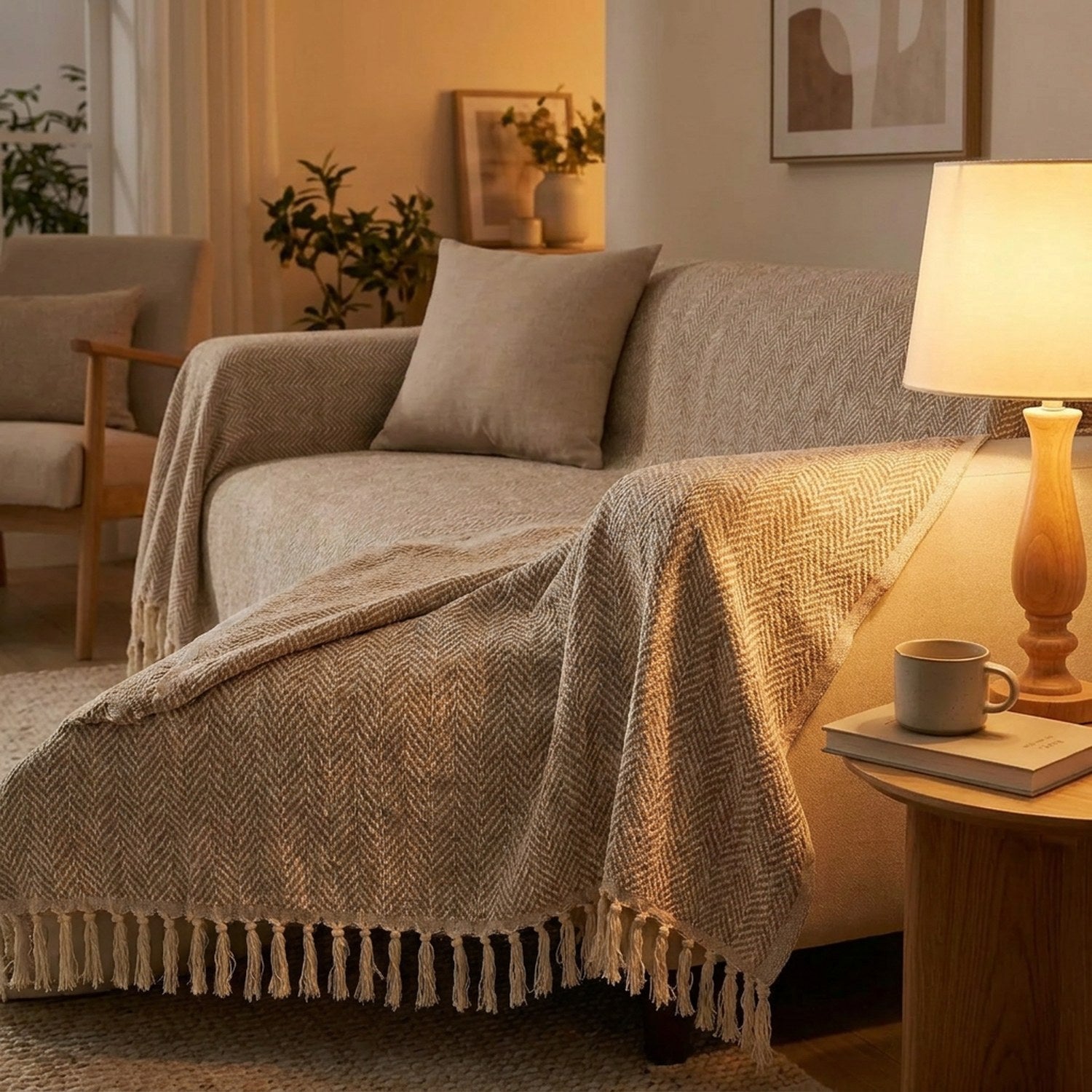Housse de canapé beige drapée sur un canapé dans une ambiance chaleureuse avec lampe allumée