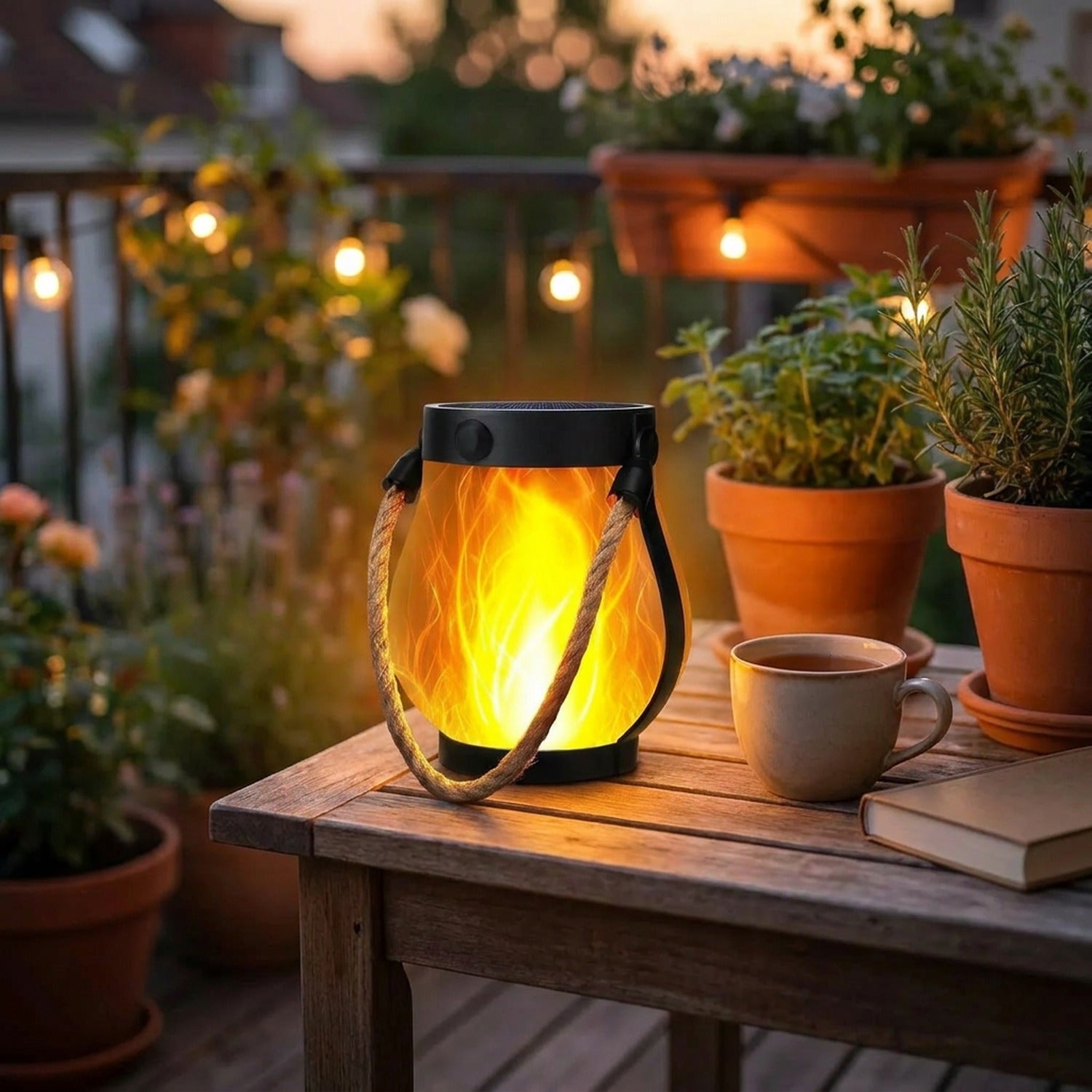 Lanterne solaire à flamme sur une table de balcon avec des plantes et des guirlandes