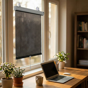 Store enrouleur noir installé sur une fenêtre de bureau avec ordinateur portable