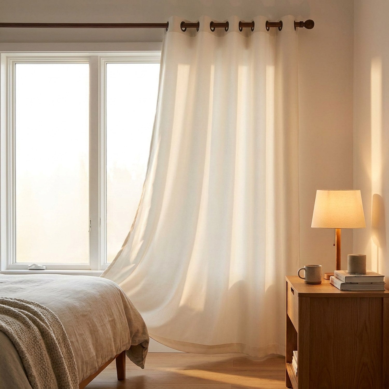 Rideau blanc suspendu dans une chambre cosy baignée de lumière du matin