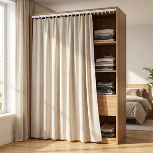 Rail de rideau utilisé comme porte de dressing avec rideau beige devant une armoire ouverte