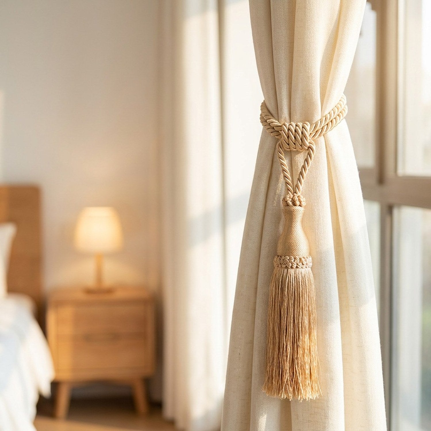 Embrasse de rideau beige nouée autour d'un rideau dans une chambre lumineuse avec table de chevet