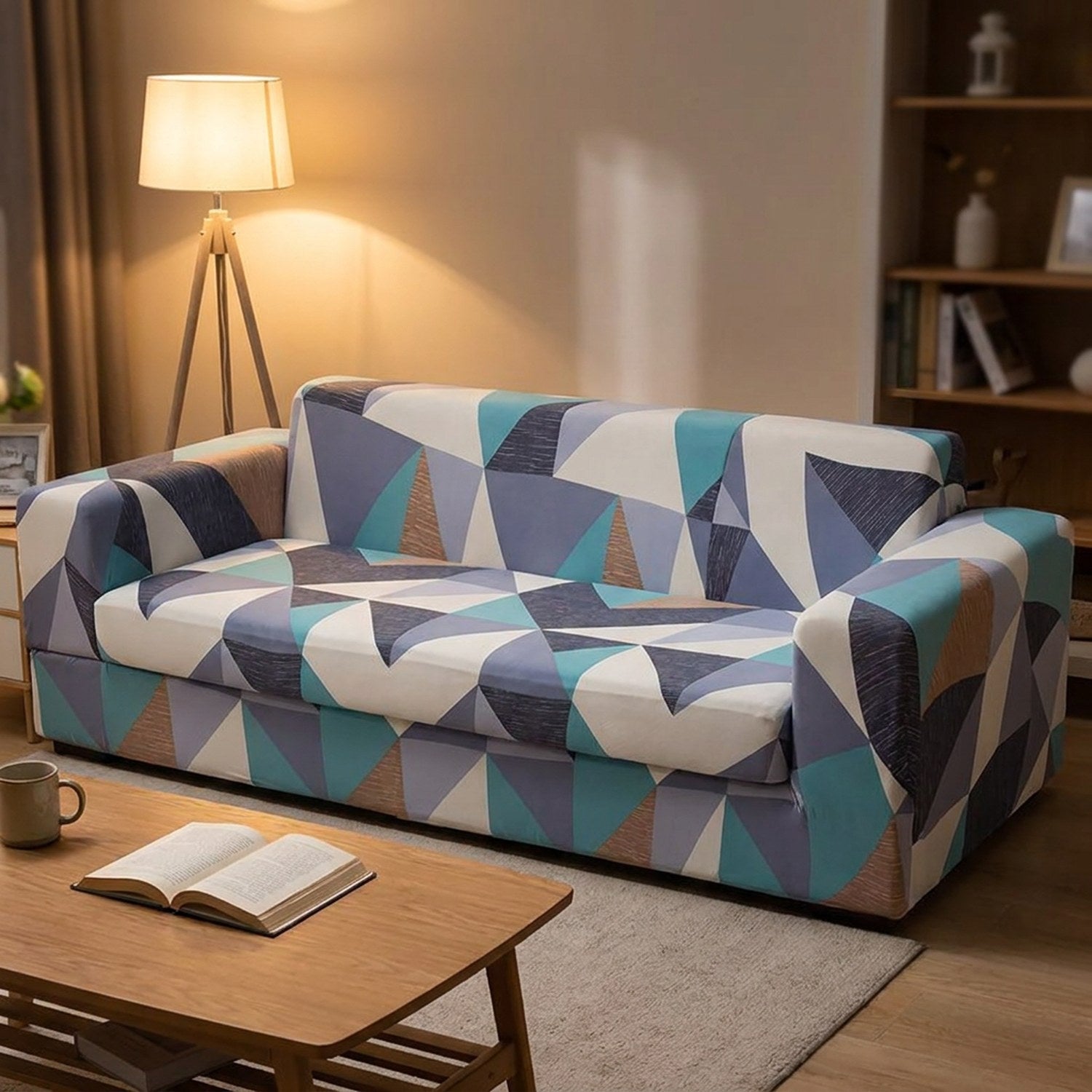 Housse de canapé motif géométrique bleu sur canapé droit dans un salon chaleureux le soir