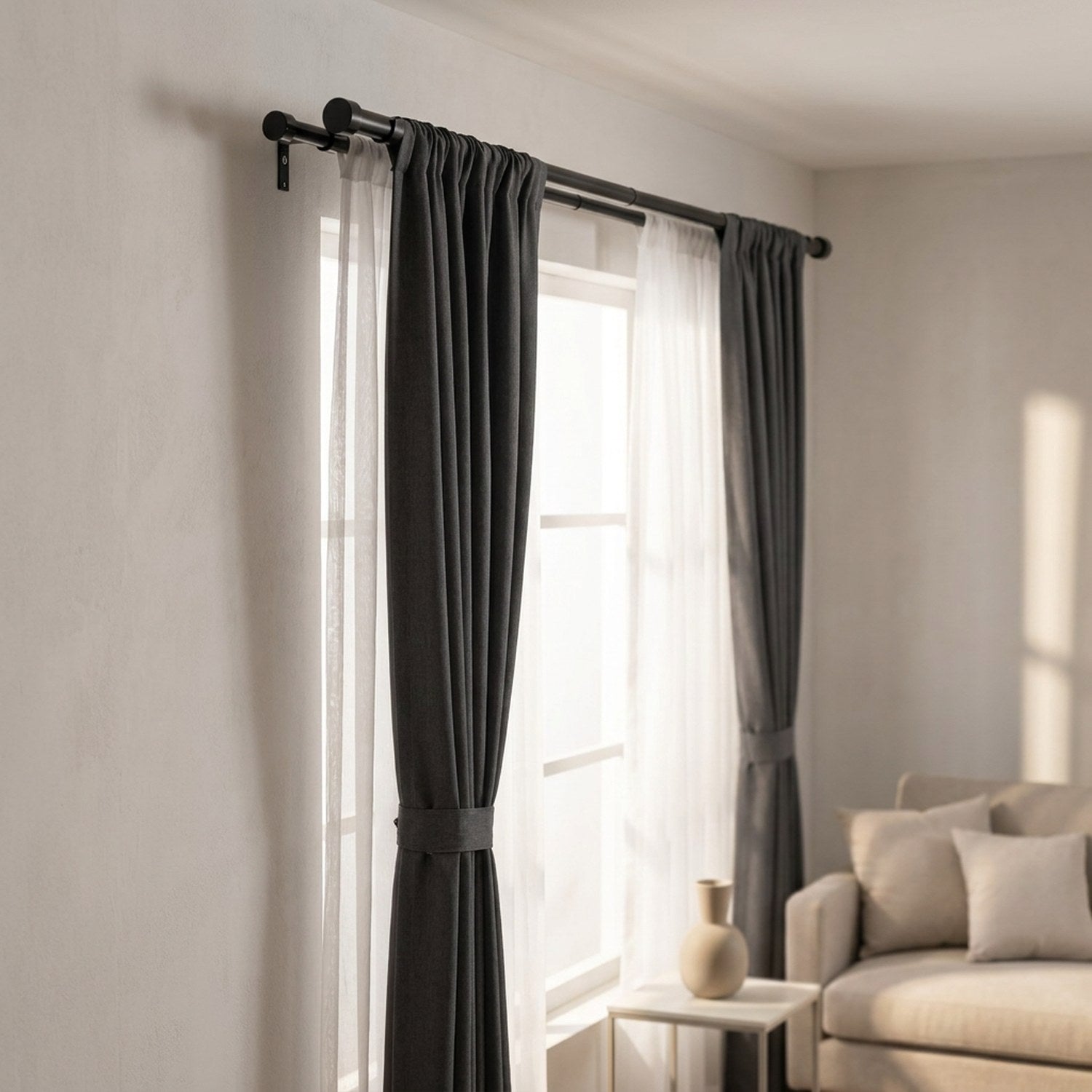 Tringle à rideau noire dans un salon moderne avec rideaux gris anthracite noués