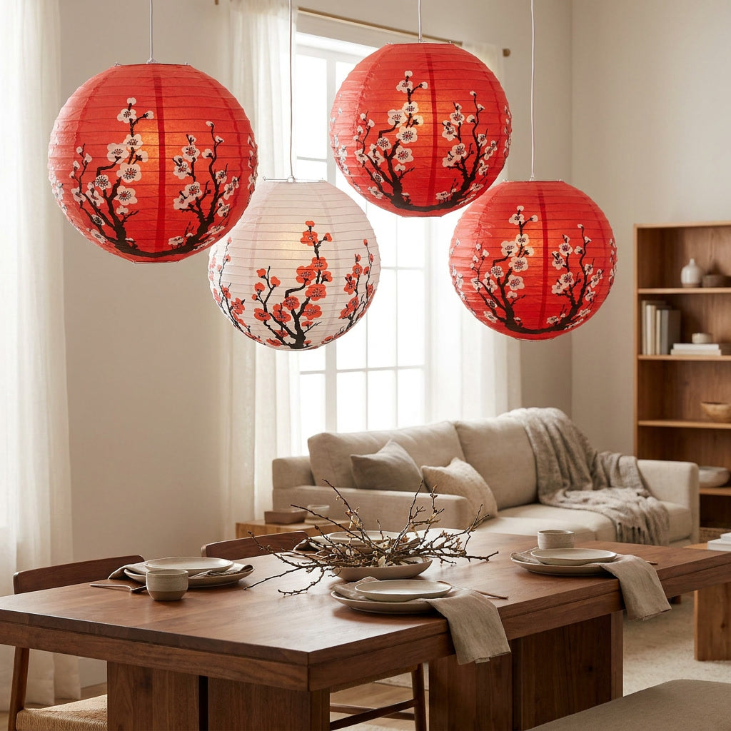 Lanternes japonaises en papier dans un salon chaleureux réaliste