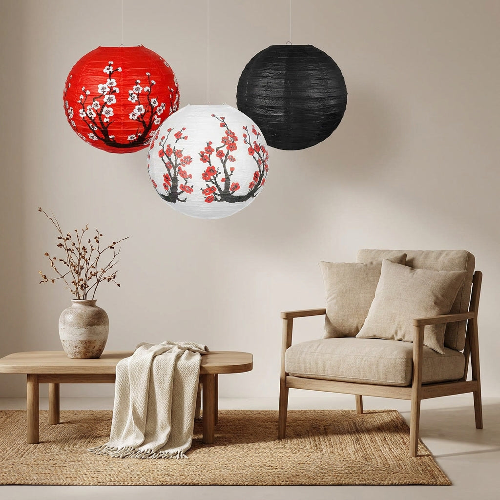 Lanternes en papier fleurs de cerisier dans un coin salon zen