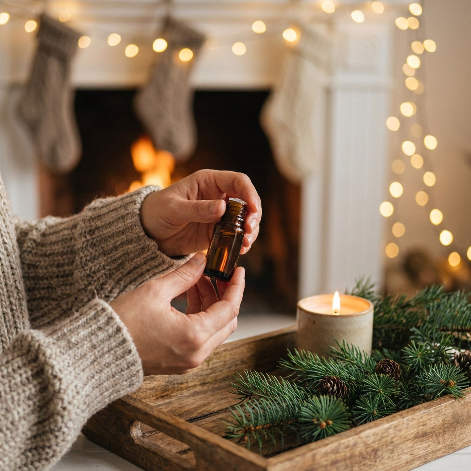 Huiles essentielles Noël mains flacon bougie pine aromathérapie