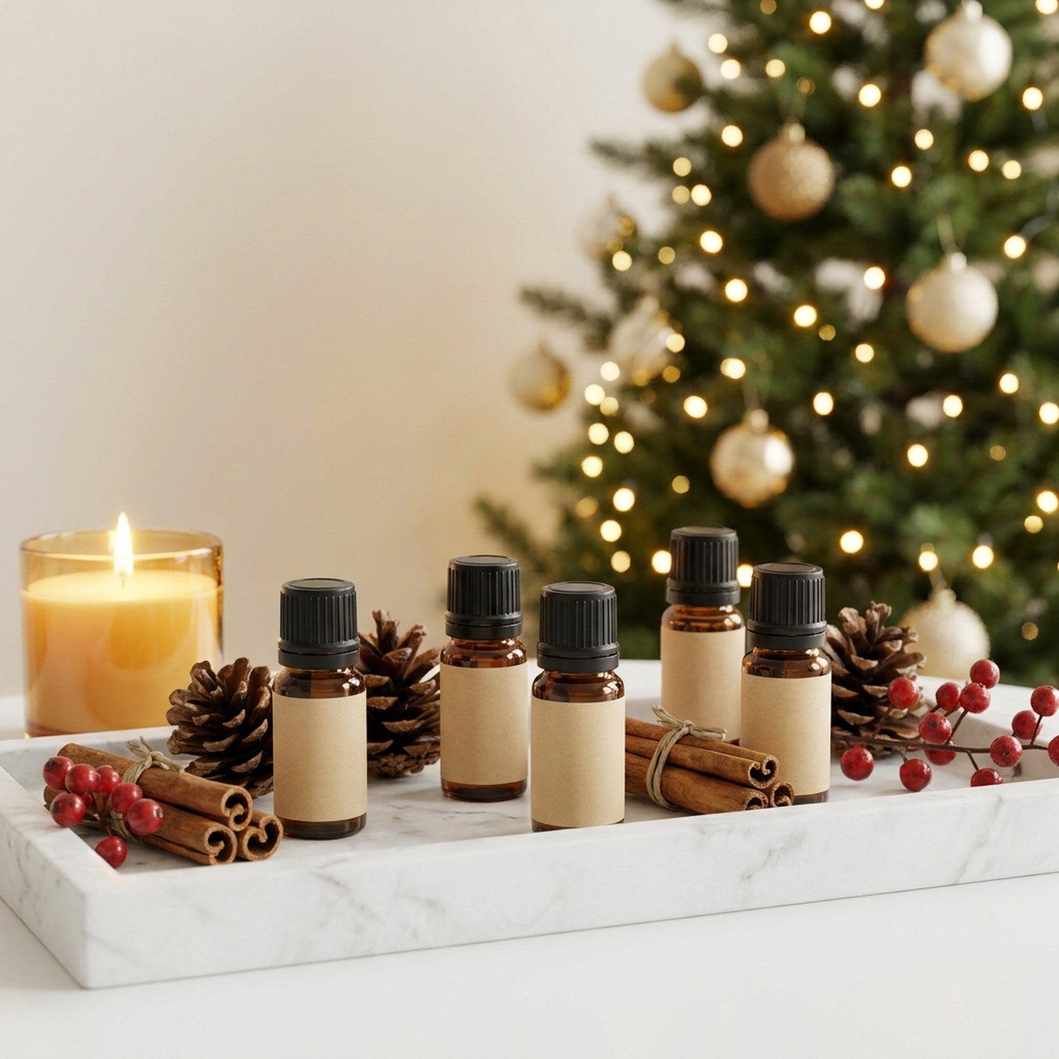 Huiles essentielles Noël plateau marbre baies rouges sapin décoration