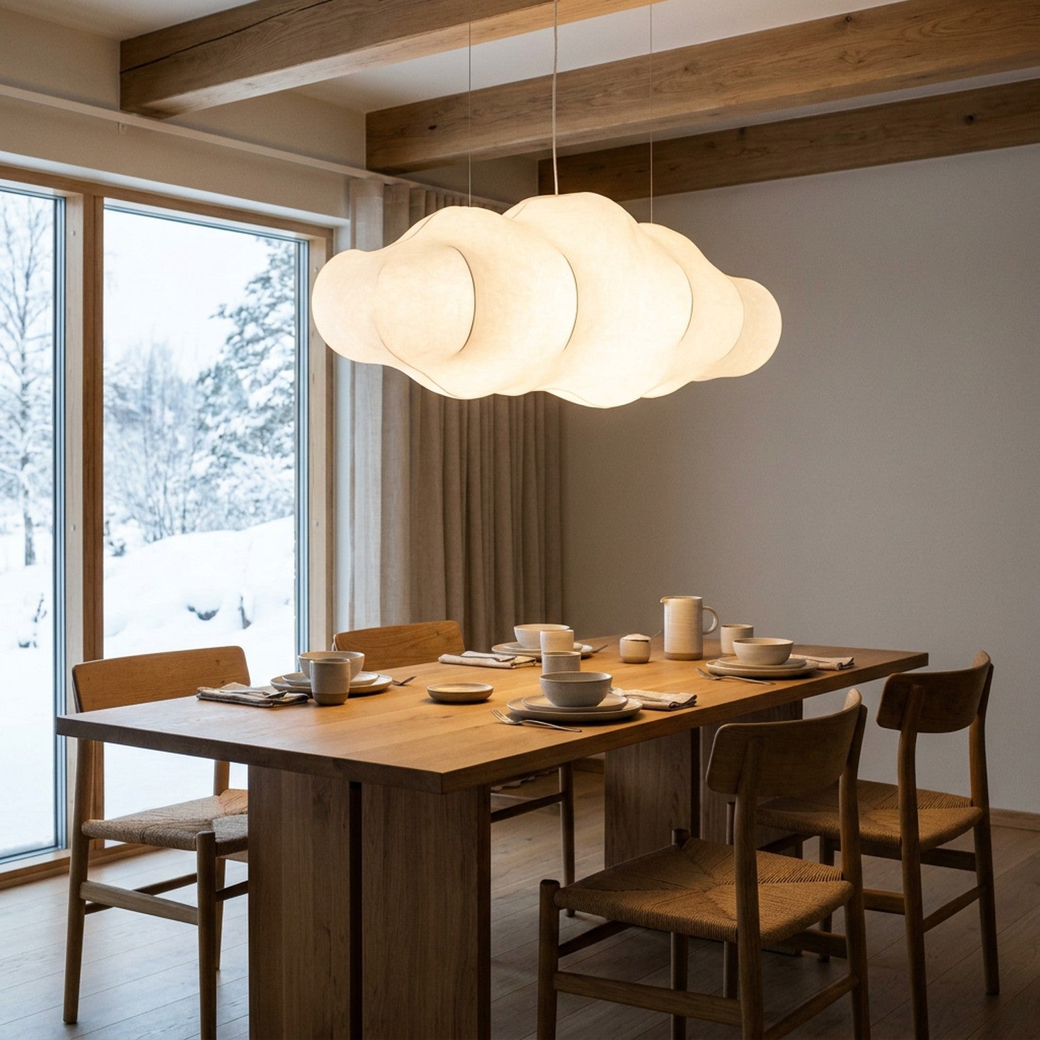 Suspension nuage flottant LED dans un salon moderne - ambiance lumière chaude