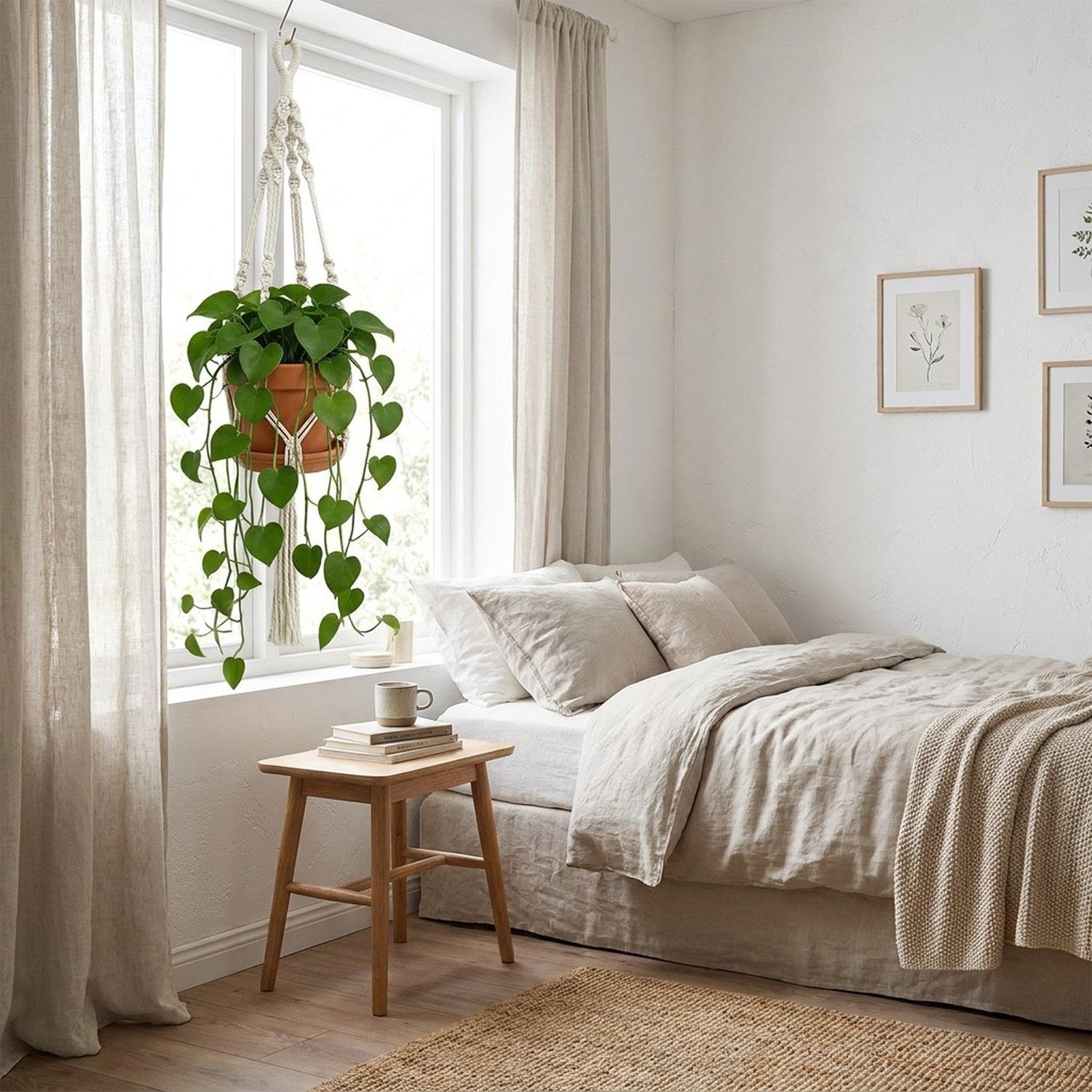 Panier suspendu en macramé blanc avec plante verte devant fenêtre dans chambre scandinave