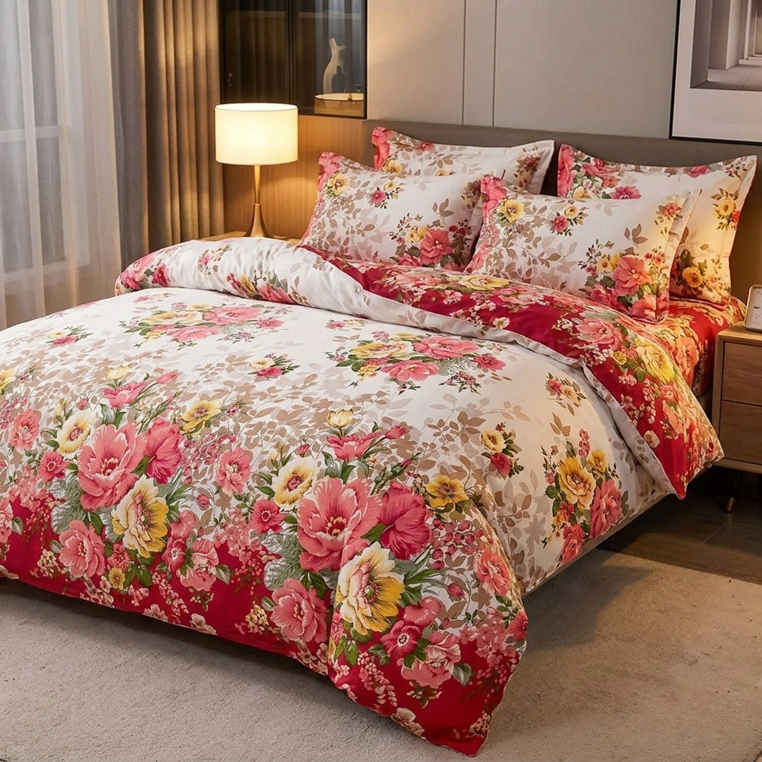 Parure de lit fleurie dans une chambre moderne avec table de chevet et lampe allumée