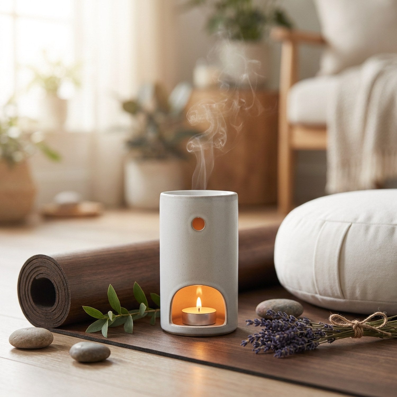 Brûle-parfum céramique sur natte de yoga avec lavande séchée et galets