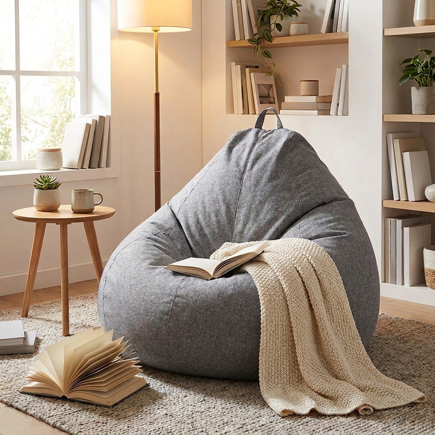 Housse de pouf tatami gris installée dans un coin lecture lumineux avec plaid